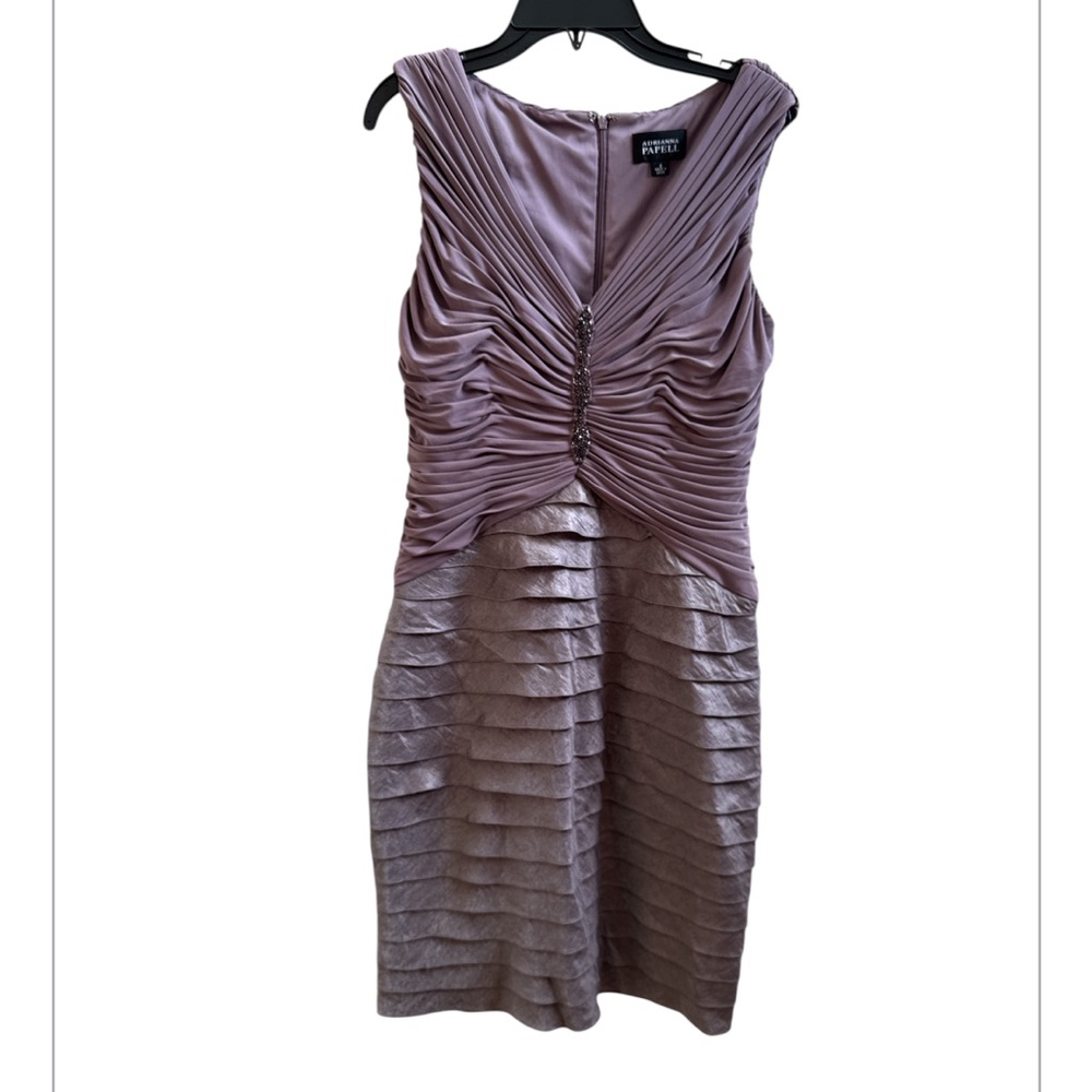 Adrianna Papell dusty mauve smocked shutter ruffle dress with beading Size 6